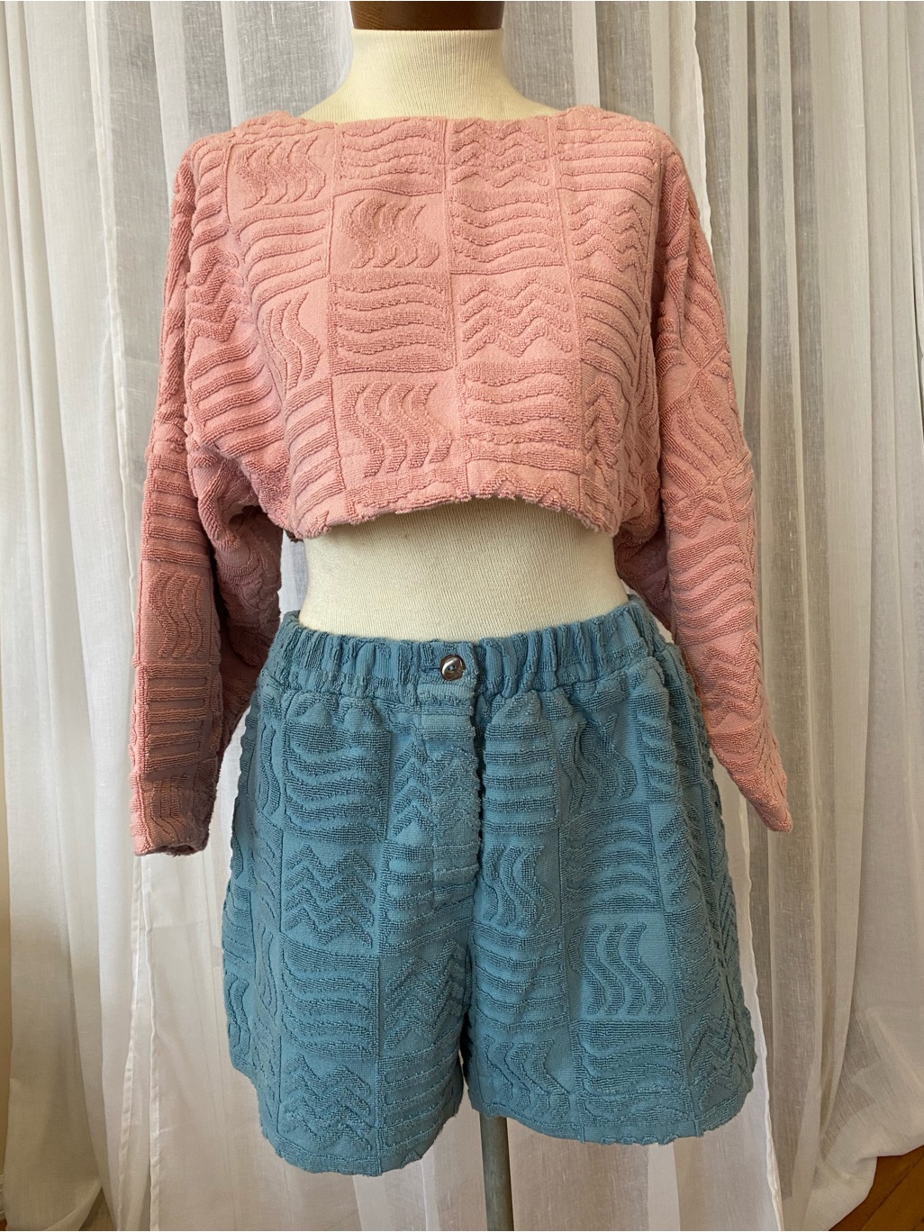 Lucy Folk 2pc Set Textured Terry Pink + Blue Beach Pool Lounge Resort Set